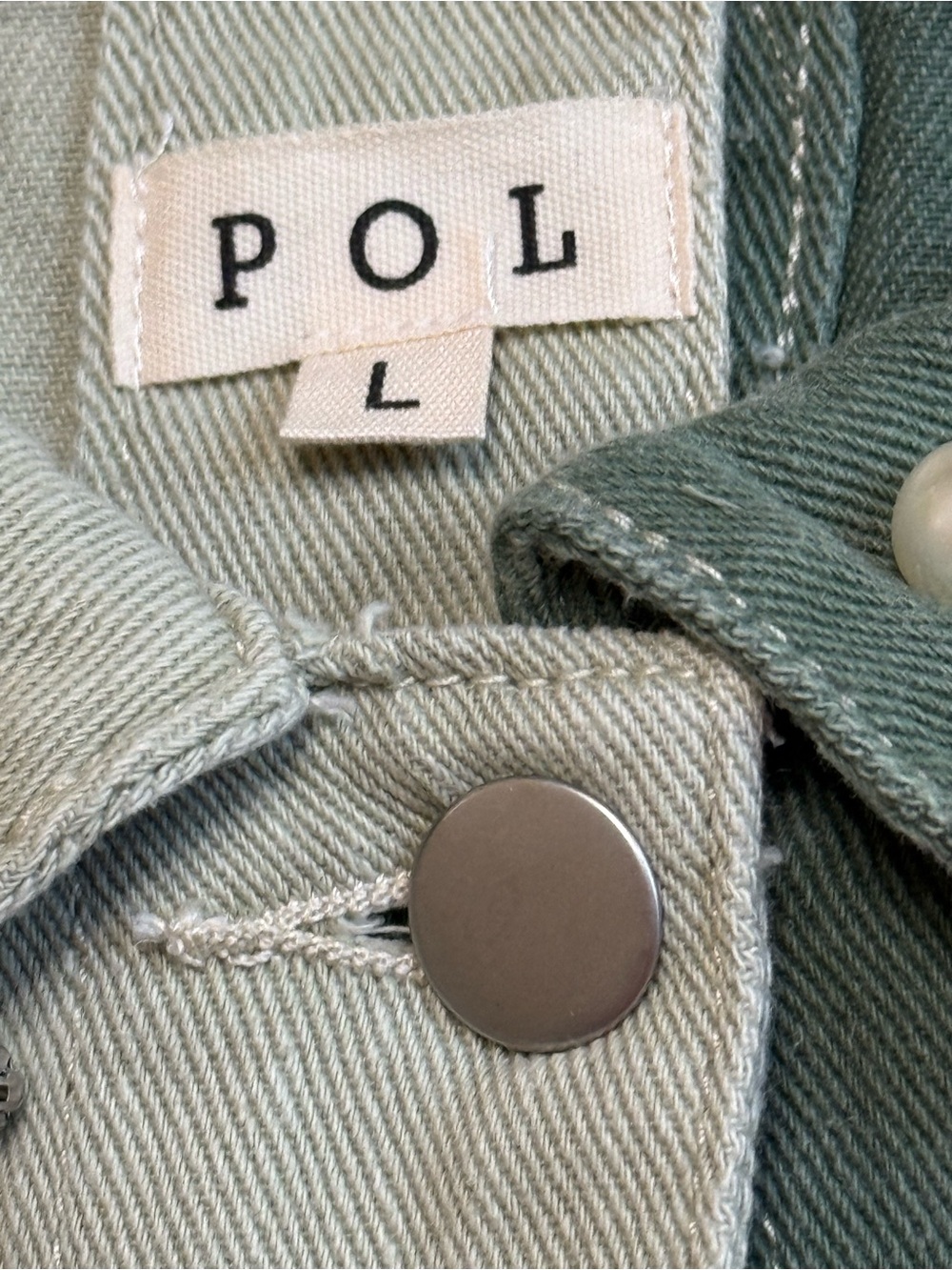 H207 POL L pp22 Two-Tone Olive & Sage Pearl-Studded Denim Jacket Top - Picture 10 of 10